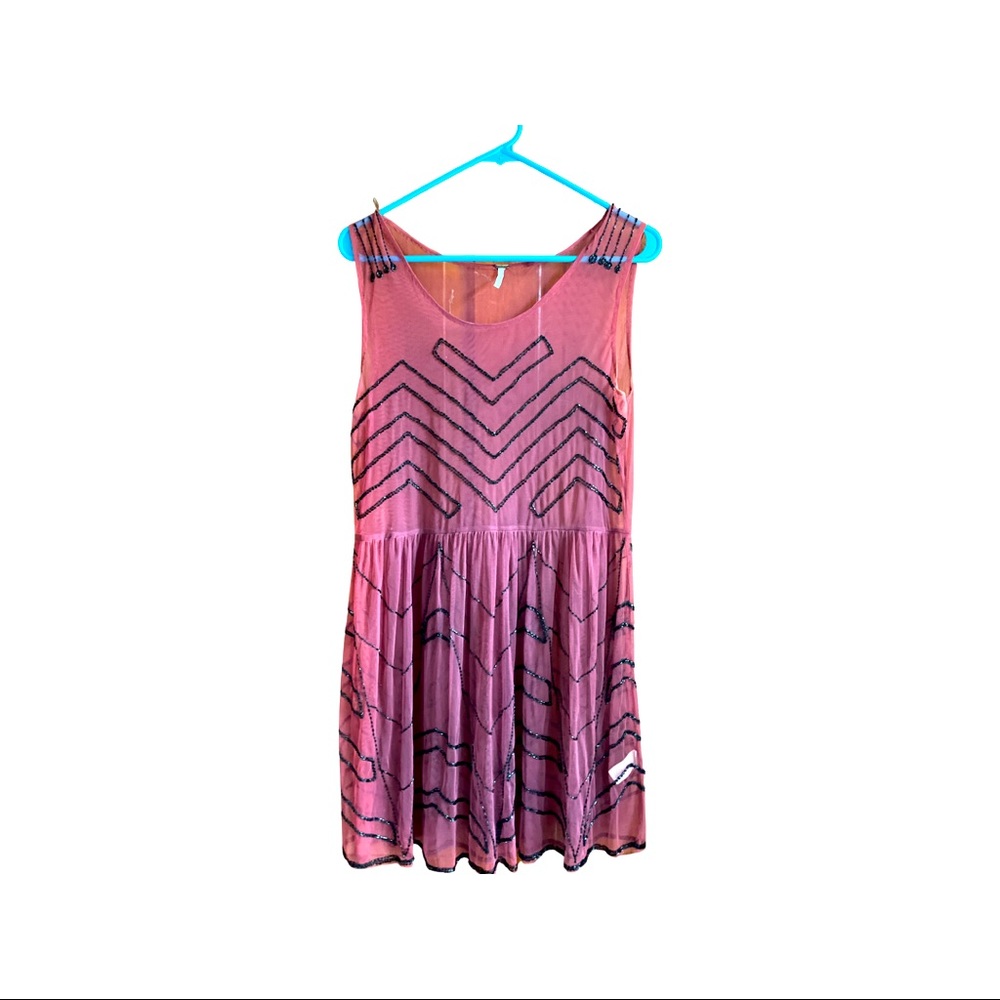 Free People Mini Beaded Dress - Size L - maroon with black beading